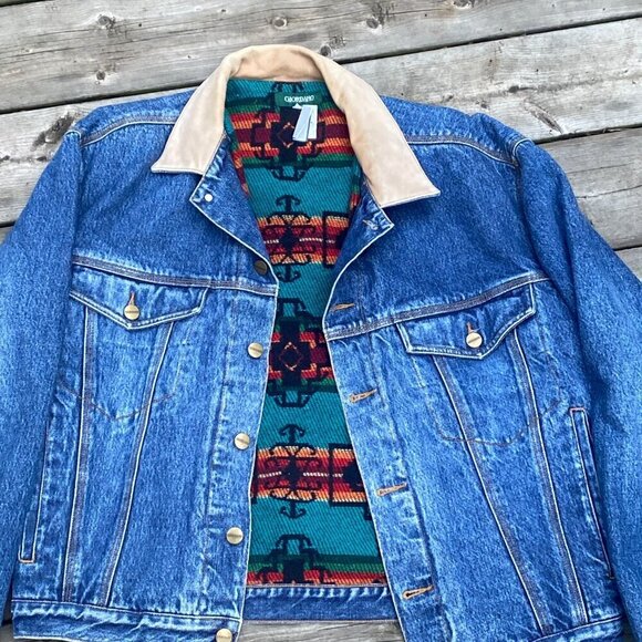 Vintage 1980s Blanket Lined Giordano Aztec Denim Jacket Large - Picture 3 of 14